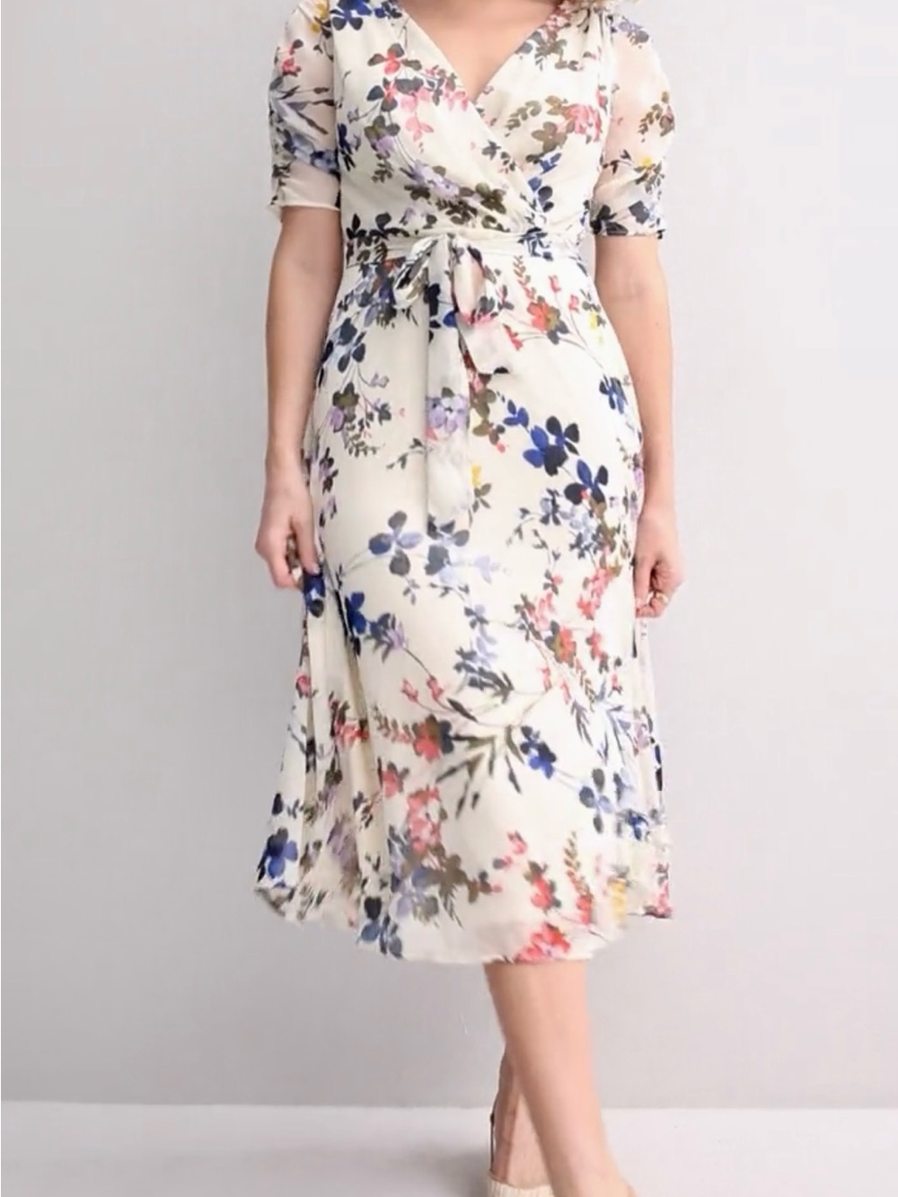 Cream Floral women’s Midi Dress with Puff Sleeves summer